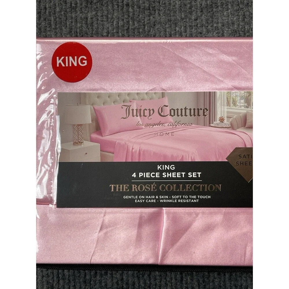 Juicy Couture The Rose Collection KING 4 Piece Satin Sheet Set Soft NEW